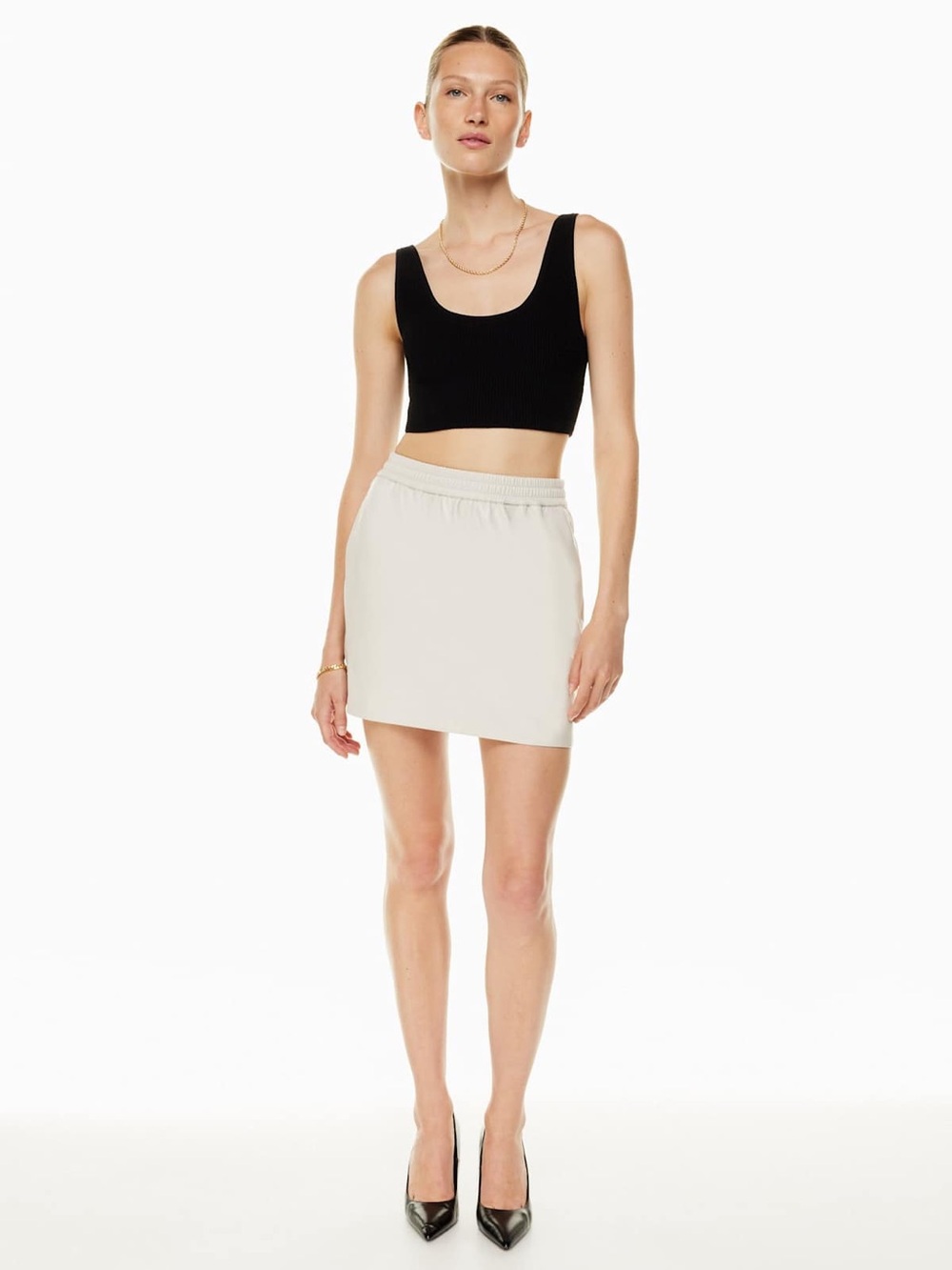 Aritzia Babaton Flags Matte Pearl Vegan Leather Elastic-Waist Mini Skirt Pockets